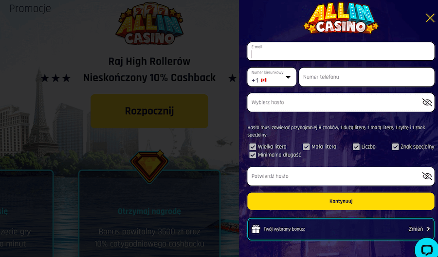 Rejestracja konta w All In Casino