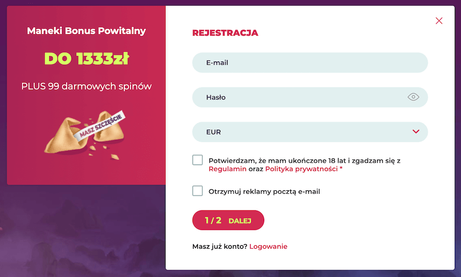 Rejestracja konta w Maneki Casino