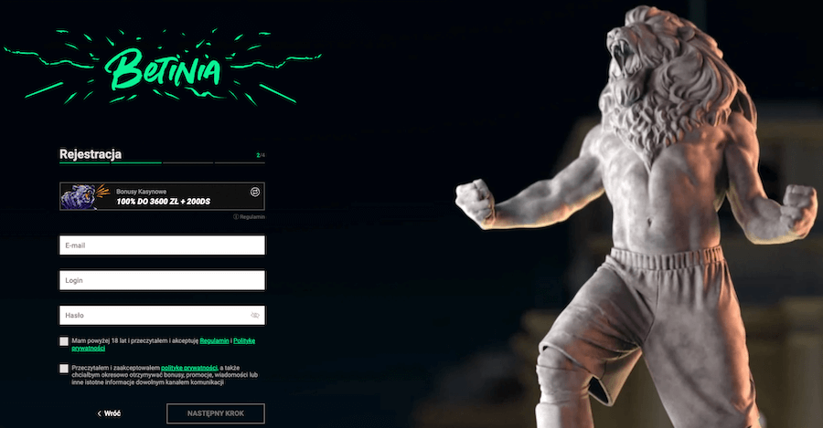 Rejestracja w Betinia Casino