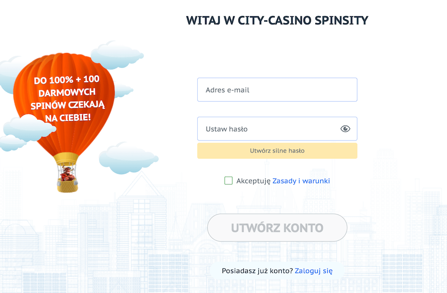 Formularz rejestracyjny w kasynie Spin City