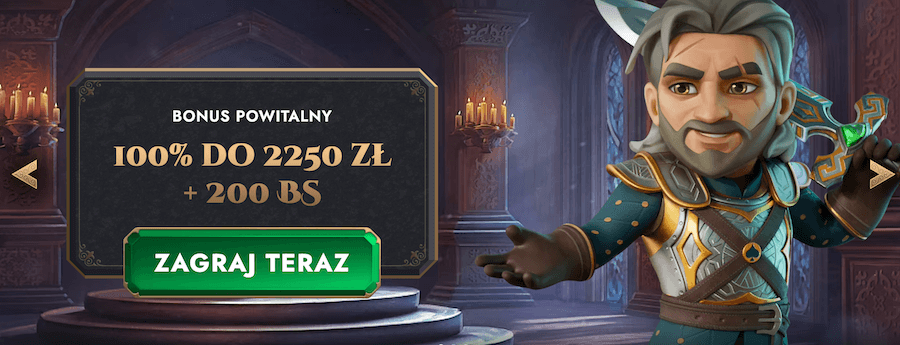 Grafika przedstawia bonus powitalny w Lucky Heroes - 100% do 2250 i 200 darmowych spinów.