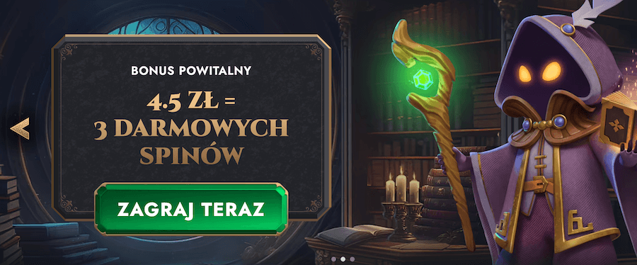 Grafika przedstawia 2 z 3 dostępnych bonusów powitalnych - 4,5 zł za 3 darmowe spiny.