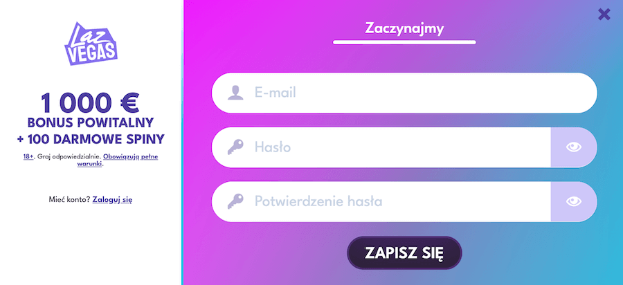 Formularz rejestracyjny kasyna Laz Vegas