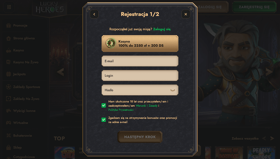 Formularz rejestracyjny w kasynie Lucky Heroes