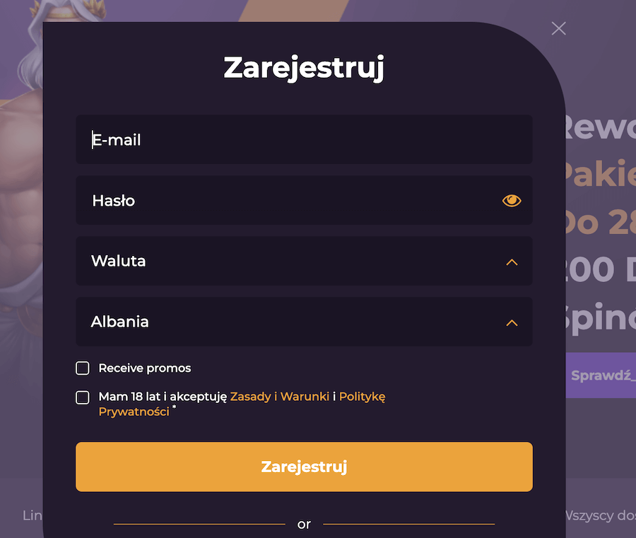 Grafika przedstawia okienko z rejestracją w kasynie ShadowBit,