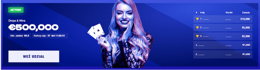 Grafika przedstawia turniej Drops & Wins, którego pula nagród wynosi aż 500 000 euro!