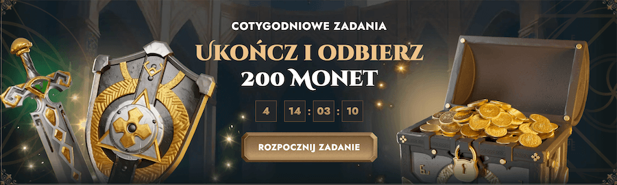 Grafika przedstawia cotygodniowe zadanie w Lucky Heroes, w którym wygrać można 200 monet.