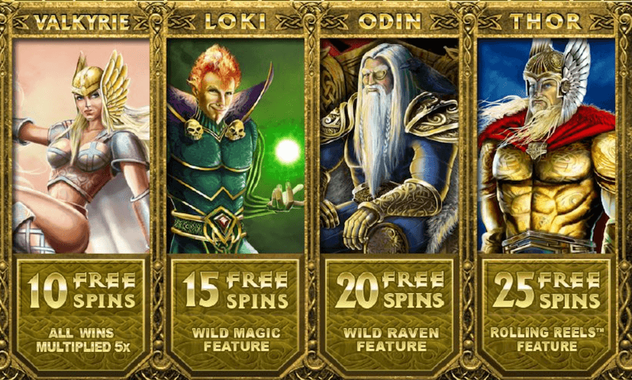 4 opcje na darmowe spiny oznaczone 4 różnymi bogami.