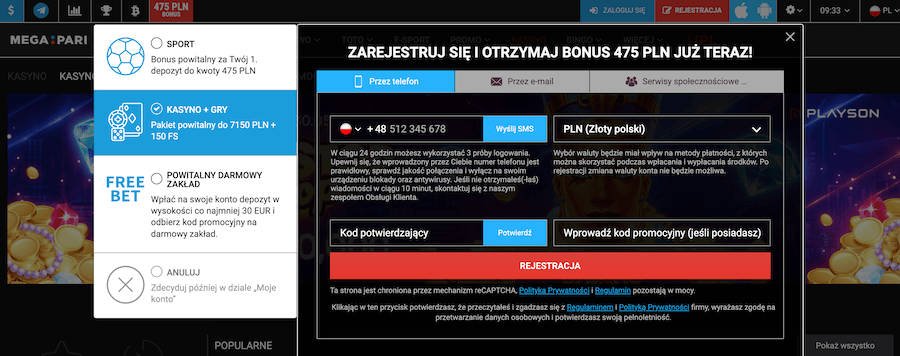 Rejestracja w kasynie MegaPari