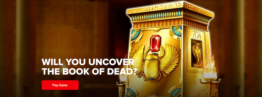 Book of Dead ekran z przyciskiem "Play Game".