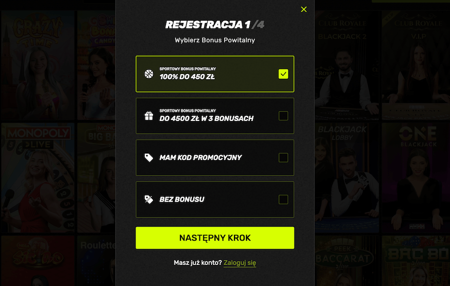 Okno rejestracji w kasynie sportuna