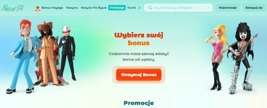 Grafika ukazująca stronę główną kasyna Neon Vegas oraz dostępne bonusy 