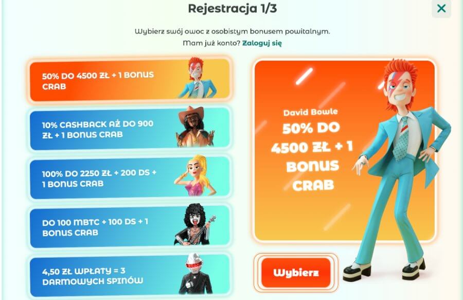 Grafika ukazująca proces rejestracji, krok pierwszy wybór bonusu powitalnego