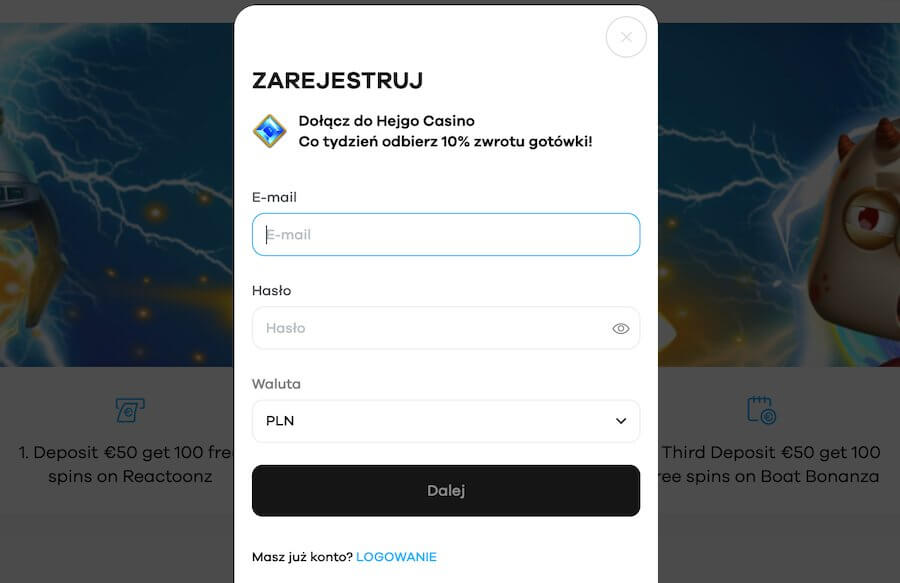 Okno rejestracji Hejgo Casino.
