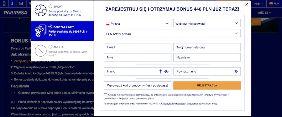 Okno rejestracji paripesa.