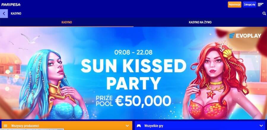 Strona startowa Paripesa i "Sun Kissed Party" turniej.