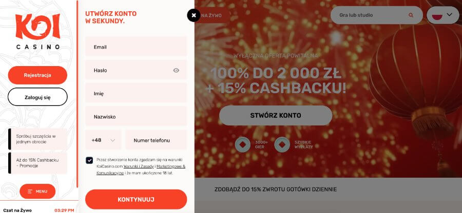Zakładanie konta w KoiCasino