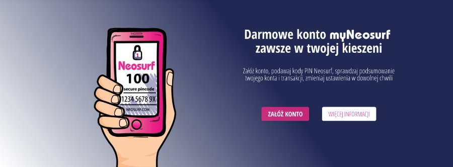 Inforgrafika z ręką trzymającą telefon, a w telefonie aplikacja Neosurf.