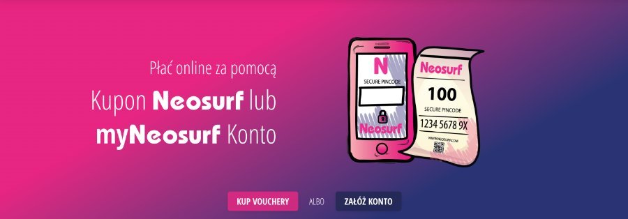 Voucher i telefon z aplikacją Neosurf na różowo-niebieskim tle.