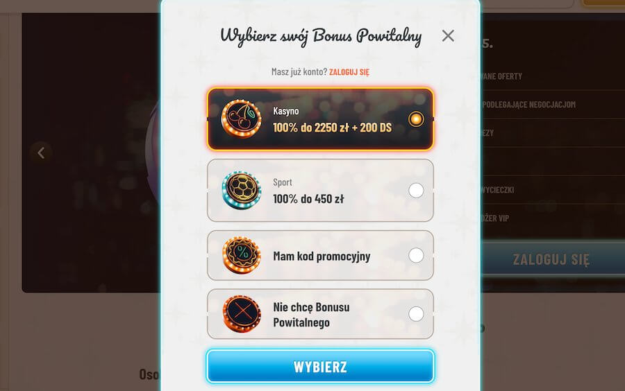 Okno rejestracji i wybór bonusu w ExtraVegas.