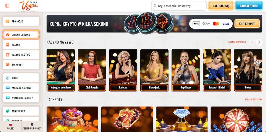 Strona startowa z grami na żywo ExtraVegas.