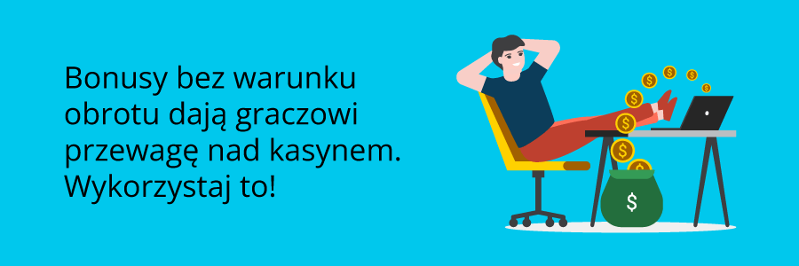 Infografika o bonusach bez warunku obrotu z człowiekiem, który zarabia pieniądze na grze w internecie.