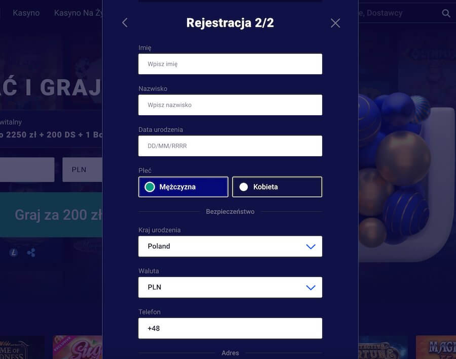 Okno rejestracji Frumzi.
