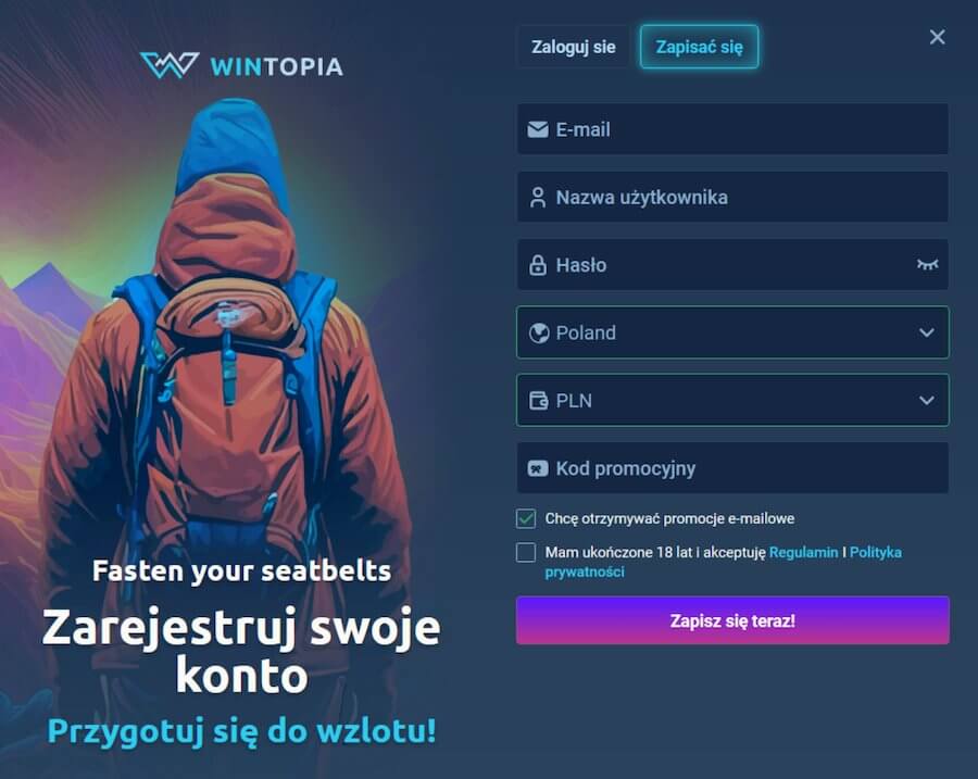 Okno rejestracji w Wintopia.