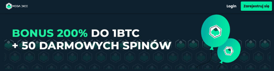 Bonus powitalny kasyna Mega Dice - 200% do 1 BTC + 50 darmowych spinów i 1 darmowy zakład sportowy.