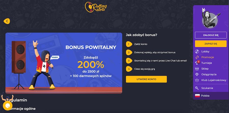 Bonus powitalny 200% do 2500 zł + 100 darmowych spinów w RollingSlots.