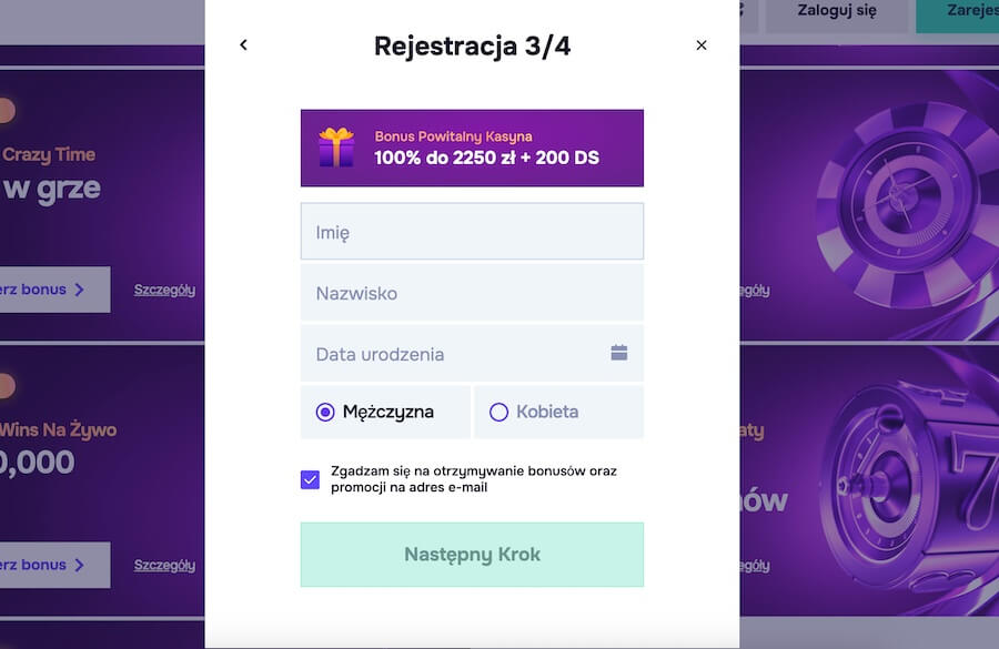 Okno rejestracji SGcasino.
