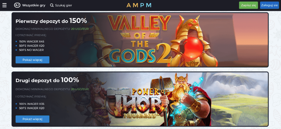 AMPM Casino - 50 darmowych spinów bez warunku obrotu