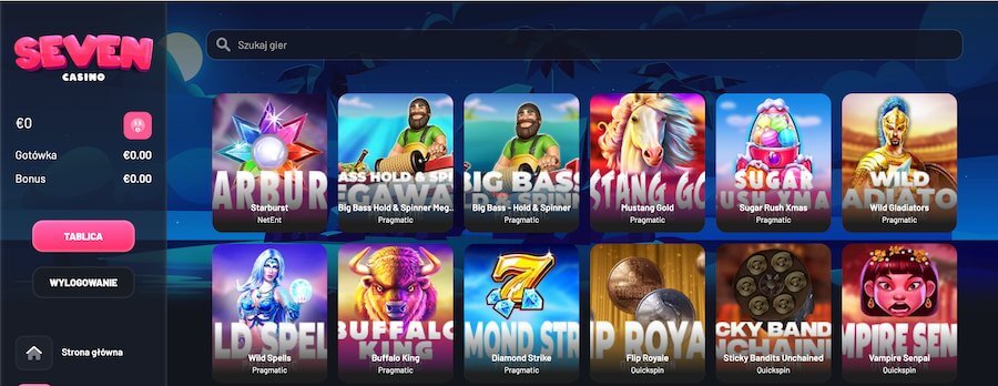 Strona startowa i popularne gry w Seven Casino.