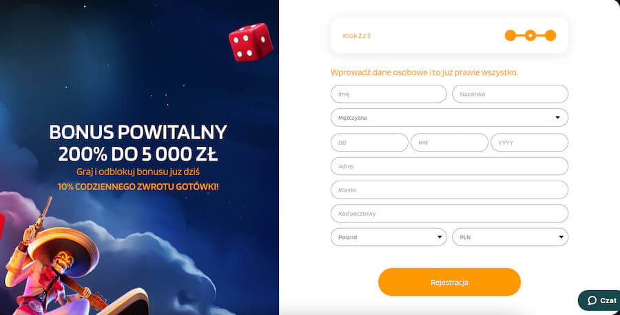 Okno rejestracji i wyboru bonusu w Reddice.