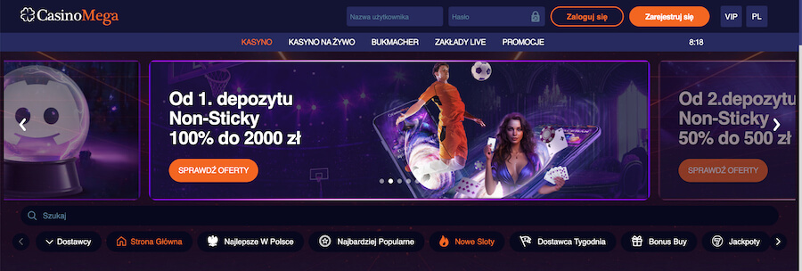 Strona startowa i bonus od 1 depozytu w CasinoMega.