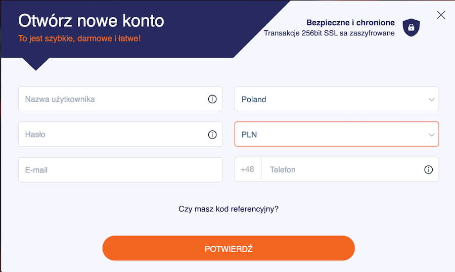 Okno rejestracji w CasinoMega.