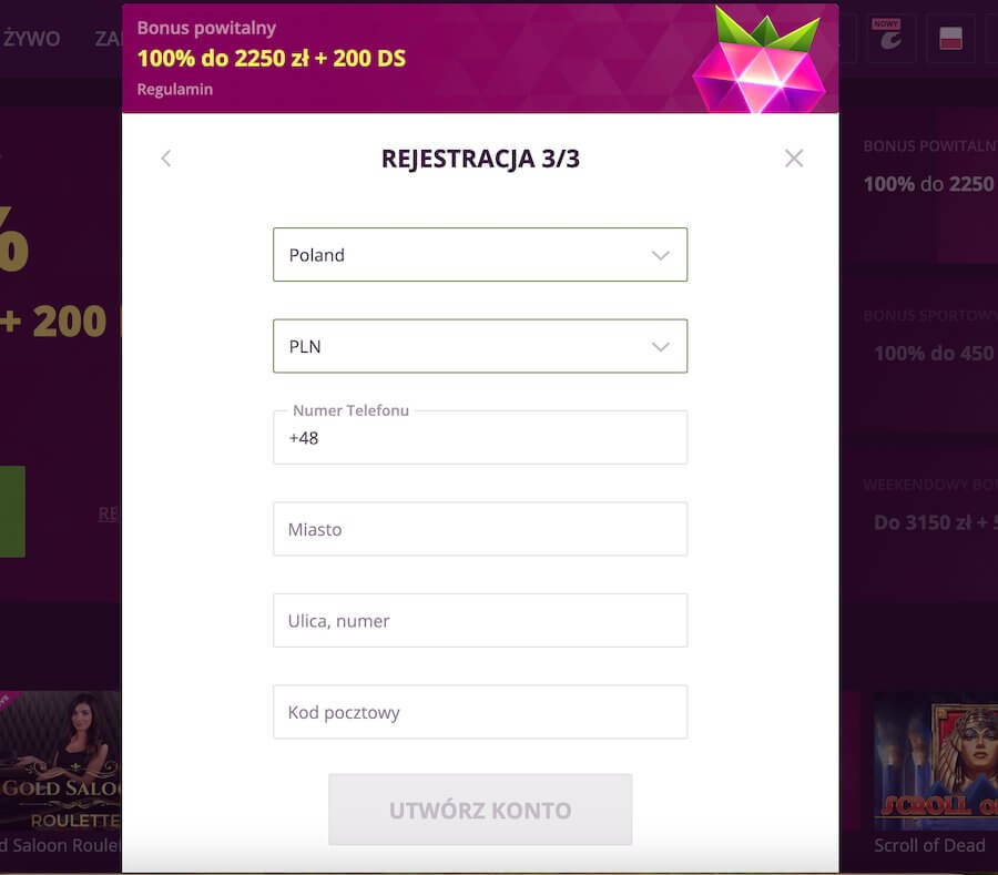 Okno rejestracji w Malina Casino.