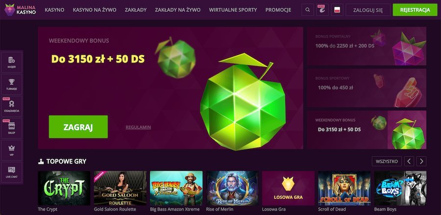 Strona startowa kasyna Malina Casino.