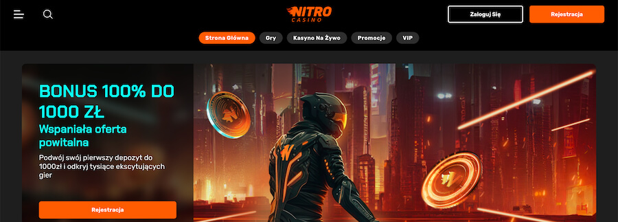 Bonus powitalny na stronie startowej w Nitro Casino.