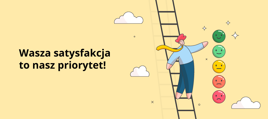 Infografika z człowiekiem na drabinie pokazującym najwyższą ocenę w formie bardzo zadowolonej, zielonej buźki.