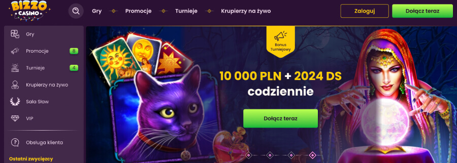 Strona startowa i bonusy w Bizzo Casino.