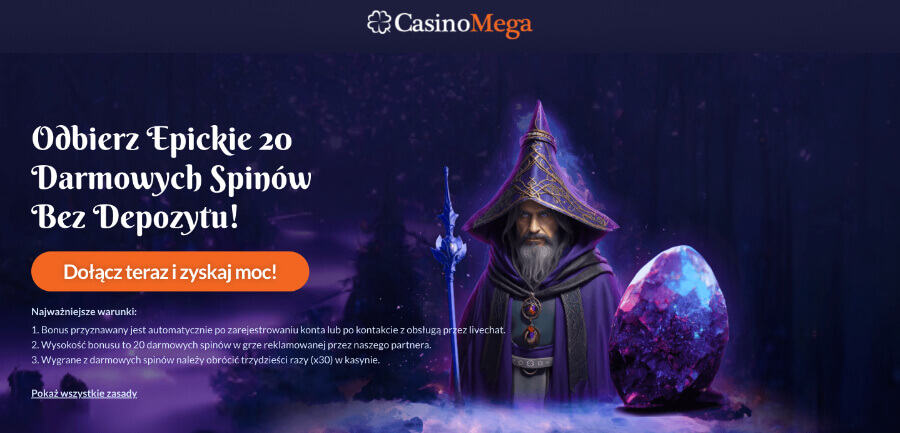 Epickie darmowe spiny bez depozytu w CasinoMega.