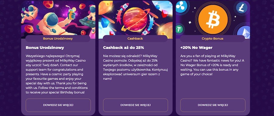 3 przykładowe bonusy dostępne w kasynie MilkyWay.
