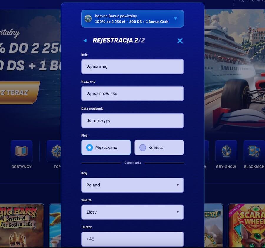 Okno rejestracji w kasynie Wonaco i pola do wpisywania danych.