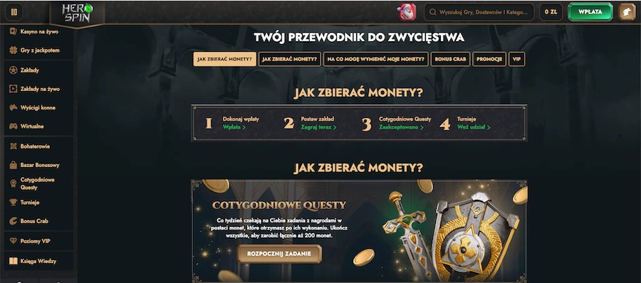 Strona główna kasyna HeroSpin i przewodnik "jak zbierać monety", czyli wewnętrzną walutę kasyna.