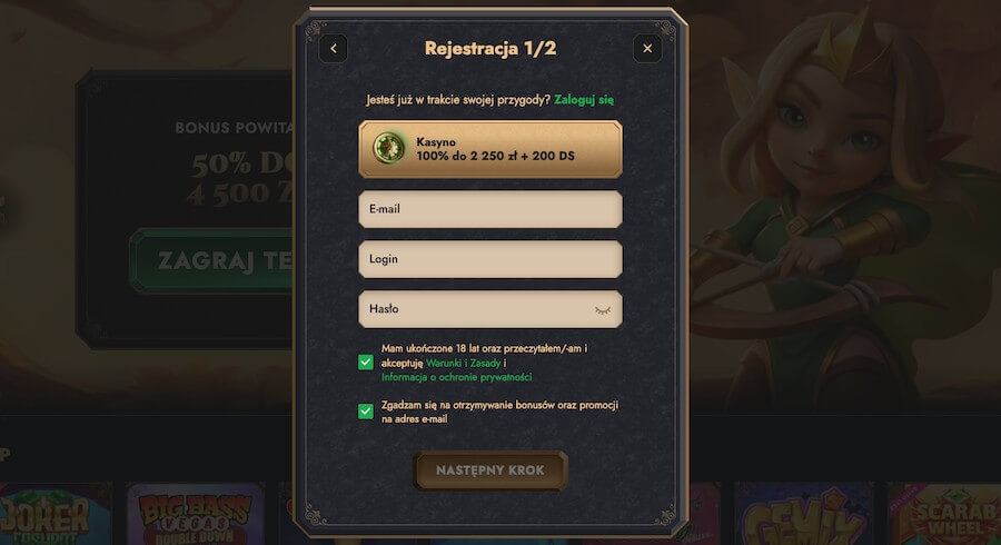 Rejestracja w kasynie HeroSpin i pierwszy etap z wyborem bonusu.