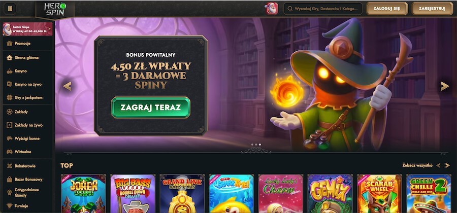Strona startowa kasyna HeroSpin i jeden z ich bonusów powitalnych do wyboru.