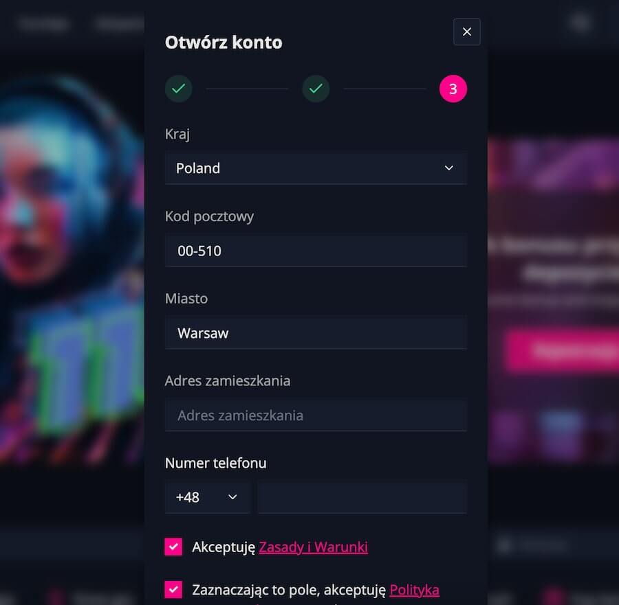Ostatni etap rejestracji w kasynie Xon Bet.