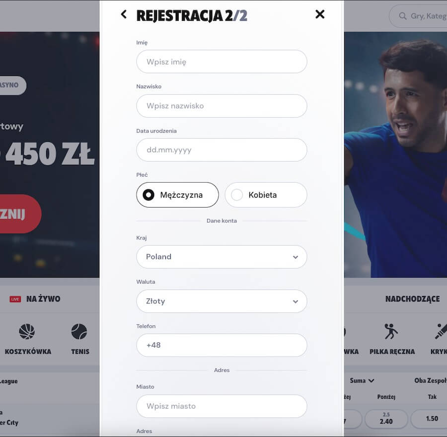 Supabet okno rejestracji i pola do wpisywania danych osobowych.
