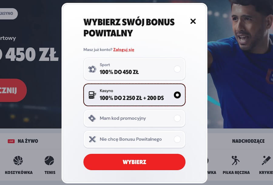 Supabet wybór bonusu powitalnego podczas rejestracji.